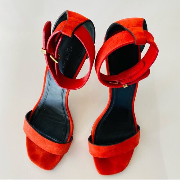 CELINE PARIS Italy Red Suede Gold Stiletto Ankle Strap High Heel Sandals 37 - Picture 5 of 14